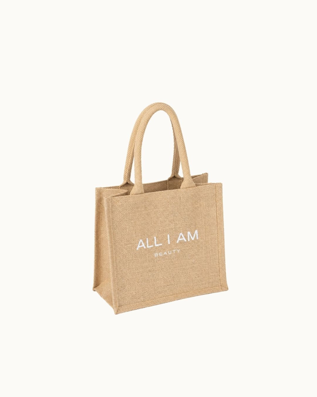 All I AM Beauty branded canvas tote beach bag shown flat